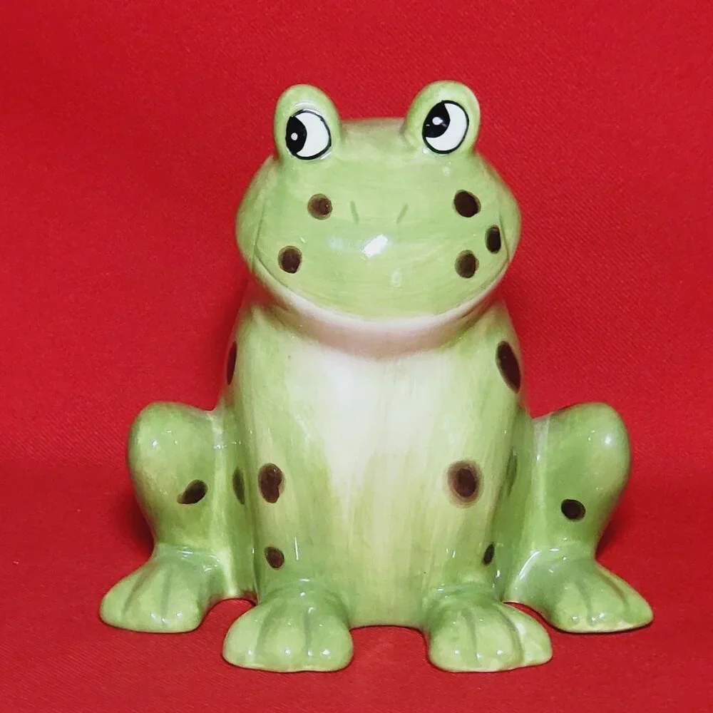 Tooth Brush Stand Frog Figurine 3 Hole Green Ceramic Hand Painted